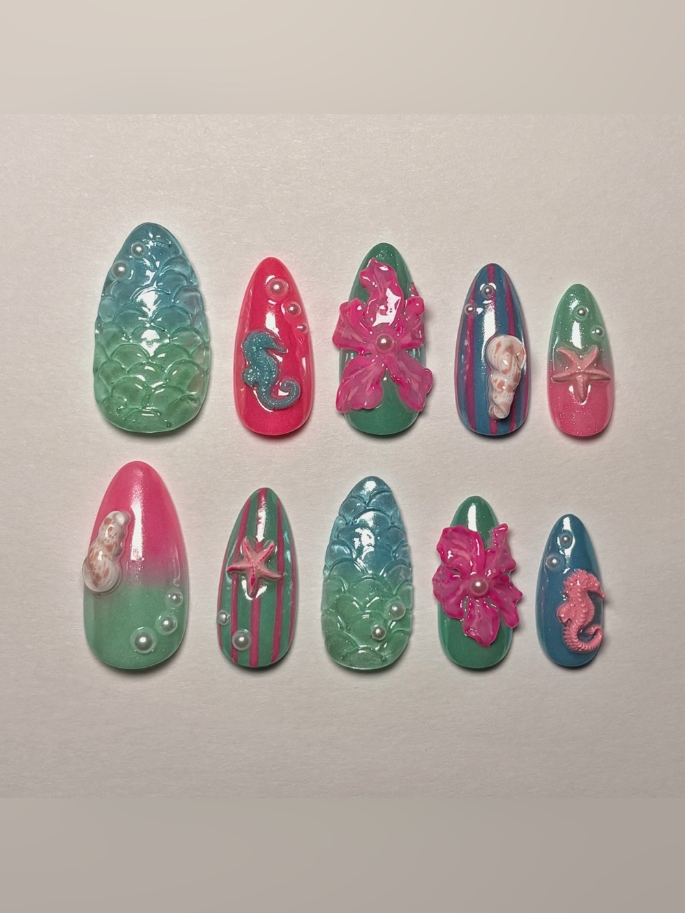 3d Flower Summer Siren Beach Press-On Nail Set - Size M Almond Medium Length